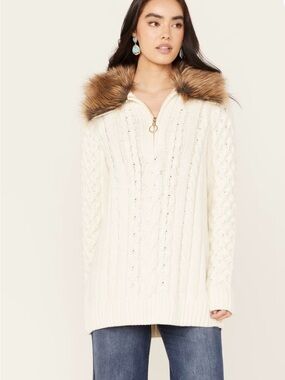 Show Me Your MuMu Cream Cable-Knit Half-Zip Sweater with Faux Fur Collar